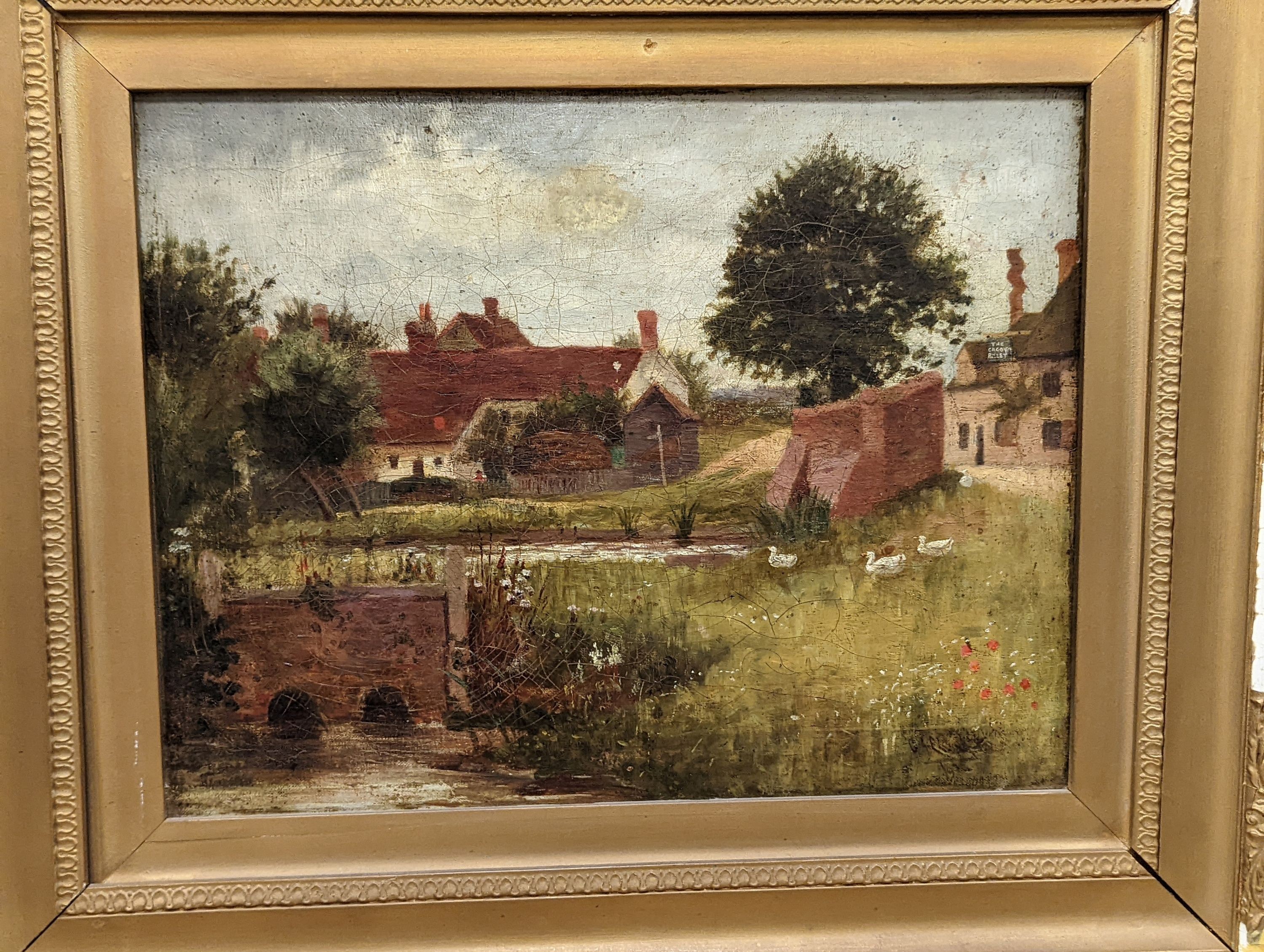 Early 20th century English School, two oils on canvas, Village scenes with duck ponds, largest 50 x 60cm